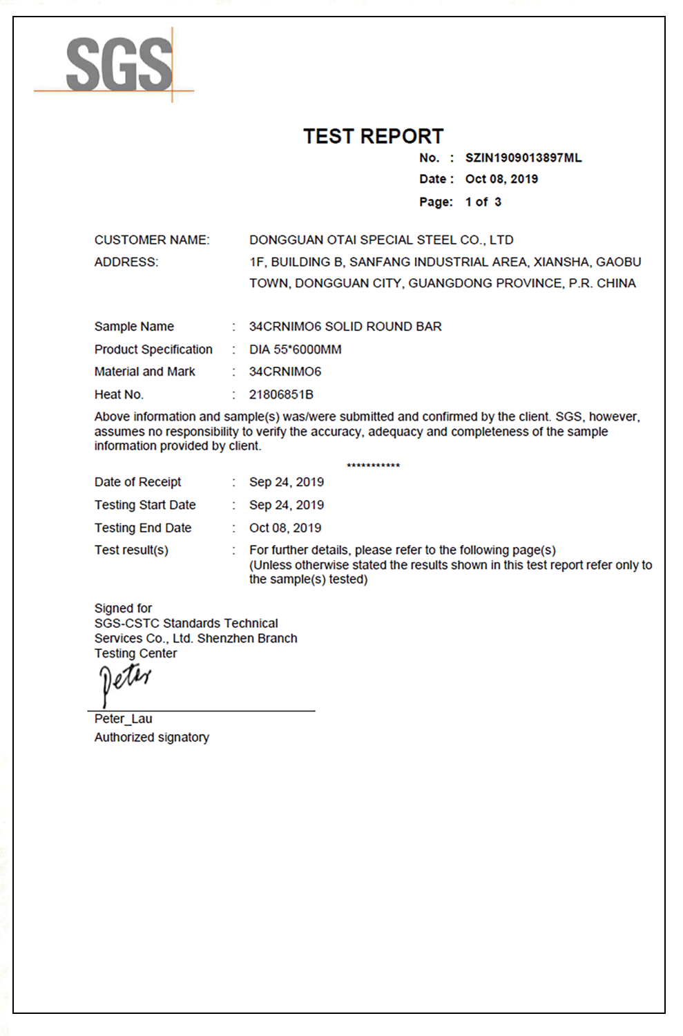 SGS - REPORT OTAI SPECIAL STEEL